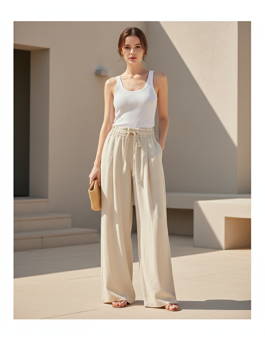 Pantalon En Lin Beige Ample Fluide Décontracté