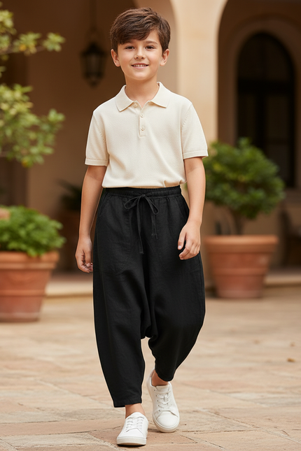 Pantalon En Lin Noir Ample Décontracté Cordon Junior