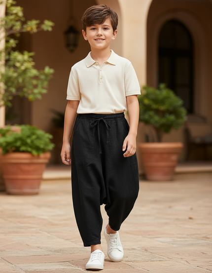 Pantalon En Lin Noir Ample Décontracté Cordon Junior
