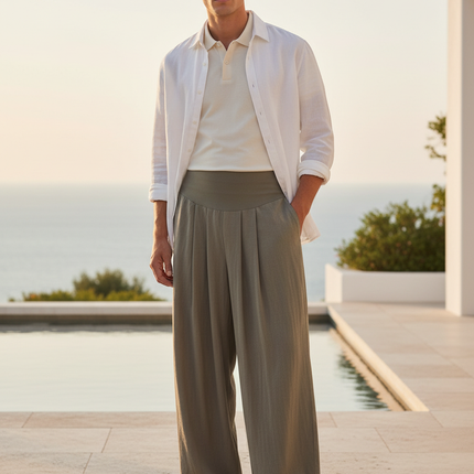 Pantalon En Lin Ample Plissé Décontracté Homme - Kaki
