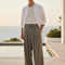 Pantalon En Lin Ample Plissé Décontracté Homme - Kaki