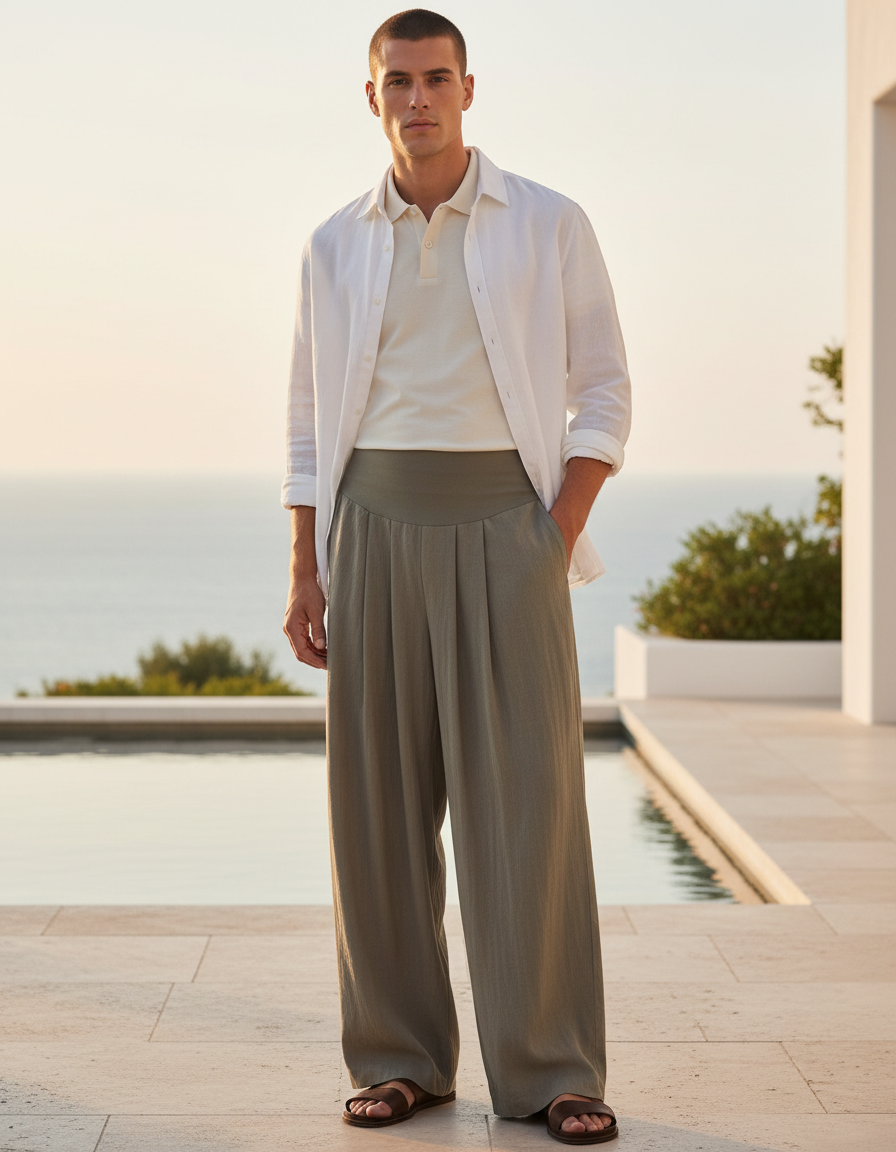 Pantalon En Lin Ample Plissé Décontracté Homme - Kaki