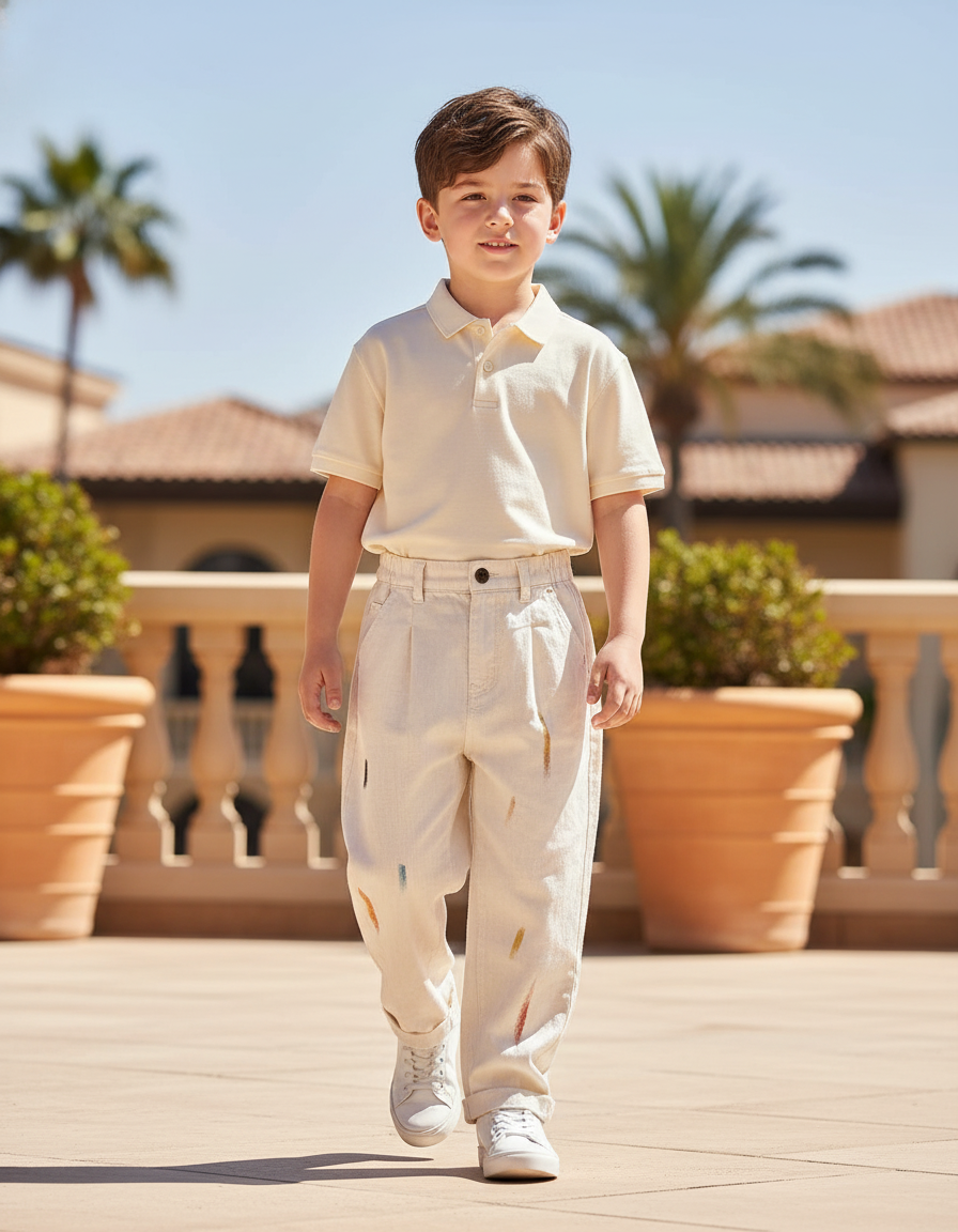 Pantalon En Lin Écru Détails Colorés Décontracté Garçon - Beige