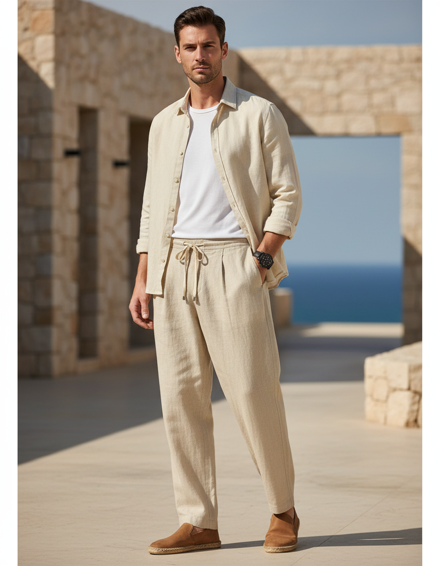 Pantalon Lin Coupe Droite - Beige