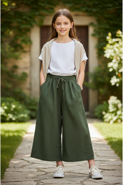 Pantalon En Lin Vert Ample Cordon Fille Décontracté