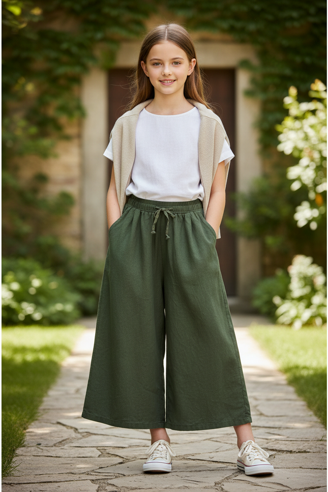 Pantalon En Lin Vert Ample Cordon Fille Décontracté