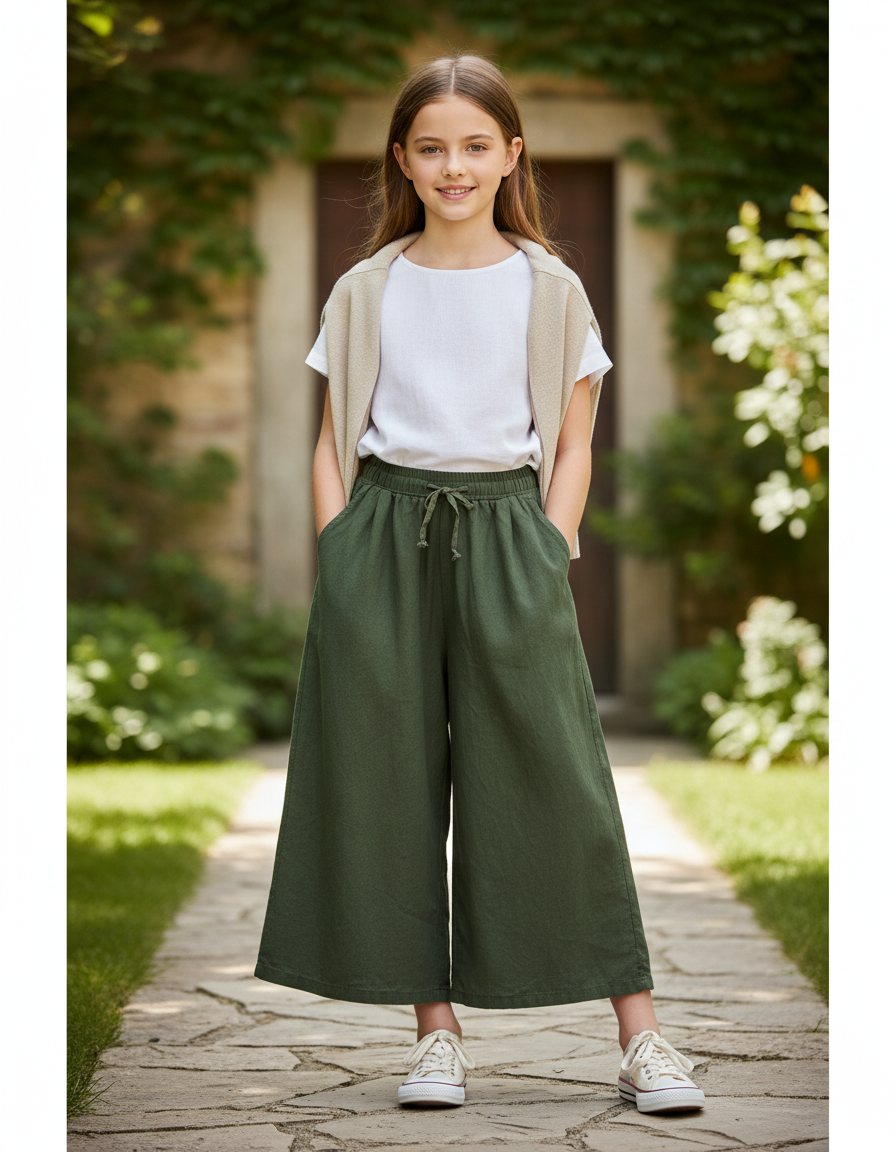 Pantalon En Lin Vert Ample Cordon Fille Décontracté
