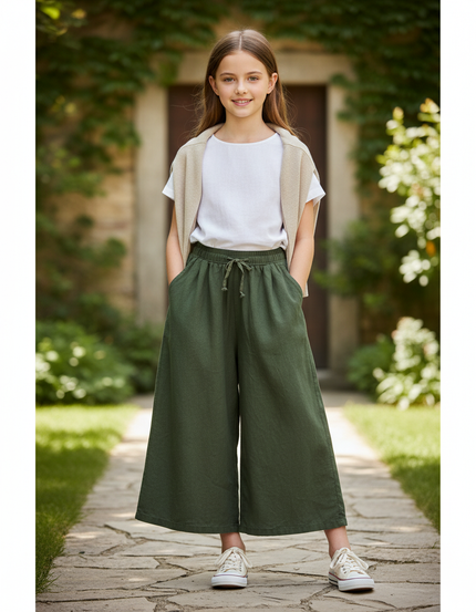 Pantalon En Lin Vert Ample Cordon Fille Décontracté
