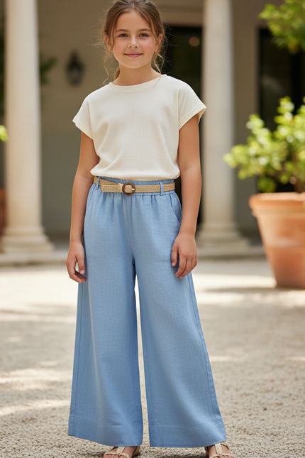 Pantalon En Lin Fille Bleu Clair Coupe Ample