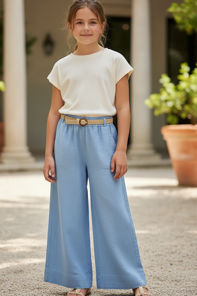 Pantalon En Lin Fille Bleu Clair Coupe Ample