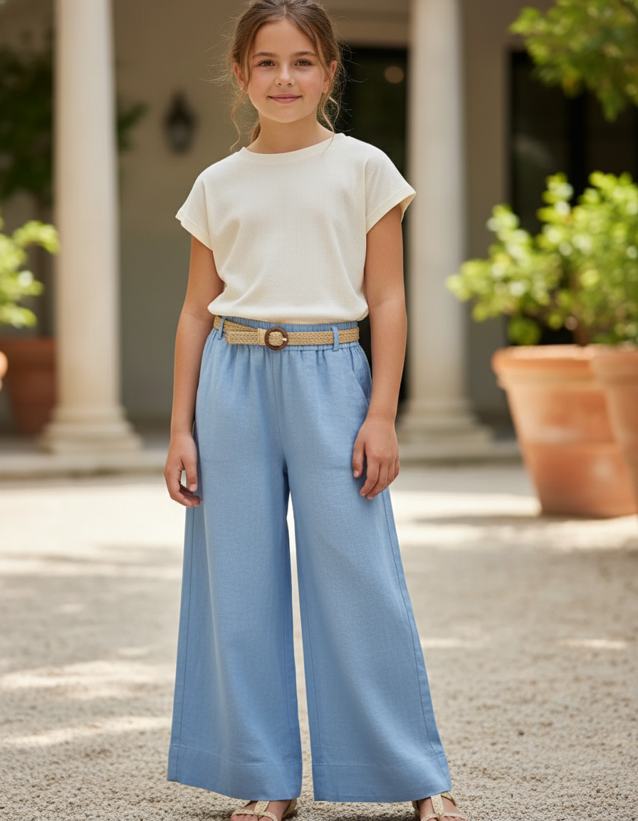 Pantalon En Lin Fille Bleu Clair Coupe Ample