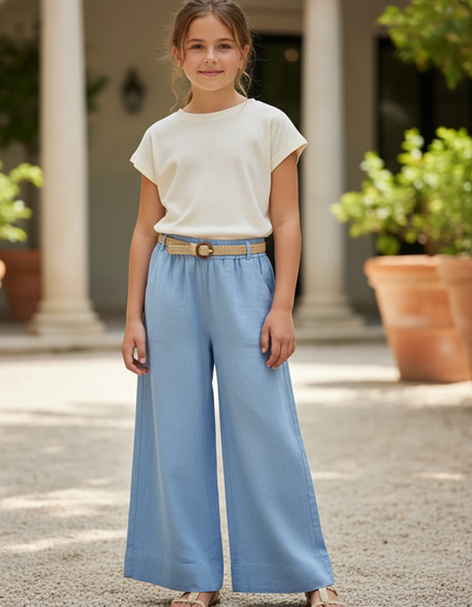 Pantalon En Lin Fille Bleu Clair Coupe Ample