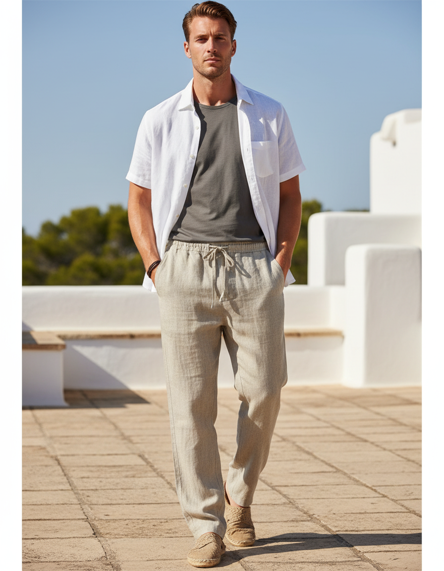 Pantalon En Lin Beige Ample Décontracté Cordon