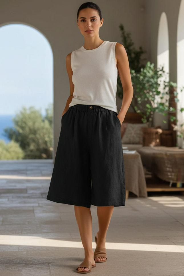Pantalon En Lin Noir Ample Décontracté Court Femme