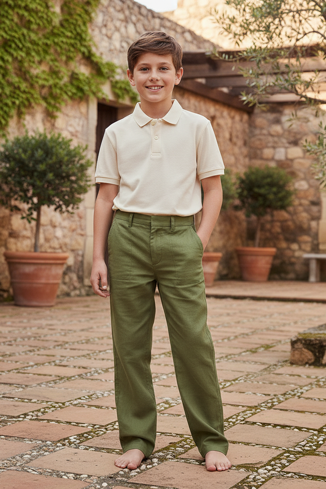 Pantalon En Lin Vert Ample Décontracté Léger Garçon