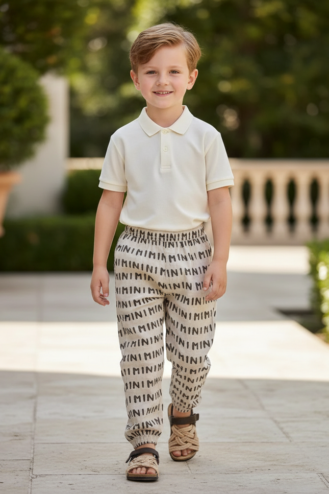 Pantalon En Lin Écru Imprimé Minimaliste Ample Enfant