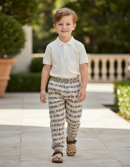 Pantalon En Lin Écru Imprimé Minimaliste Ample Enfant