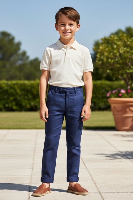 Pantalon En Lin Bleu Marine Droit Enfant Élégant