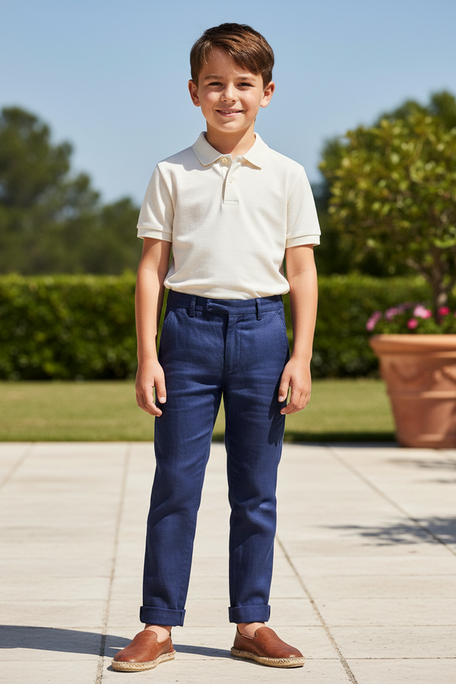 Pantalon En Lin Bleu Marine Droit Enfant Élégant