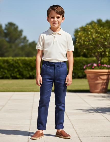 Pantalon En Lin Bleu Marine Droit Enfant Élégant