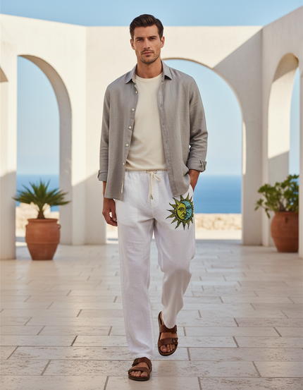 Pantalon En Lin Blanc Imprimé Soleil Décontracté Homme