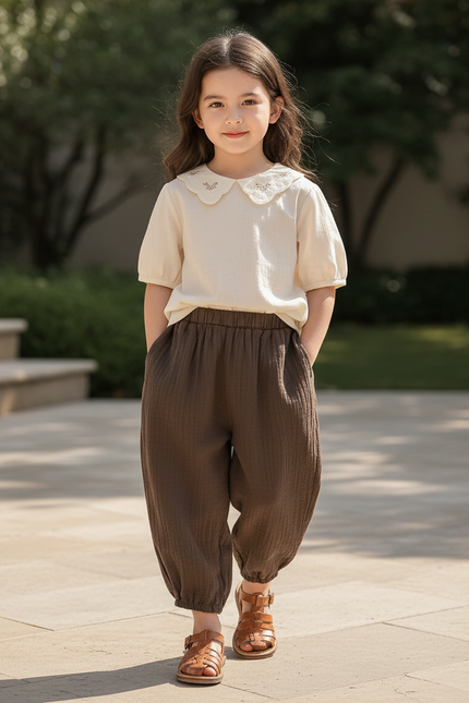 Pantalon En Lin Enfant Ample Marron Décontracté Léger