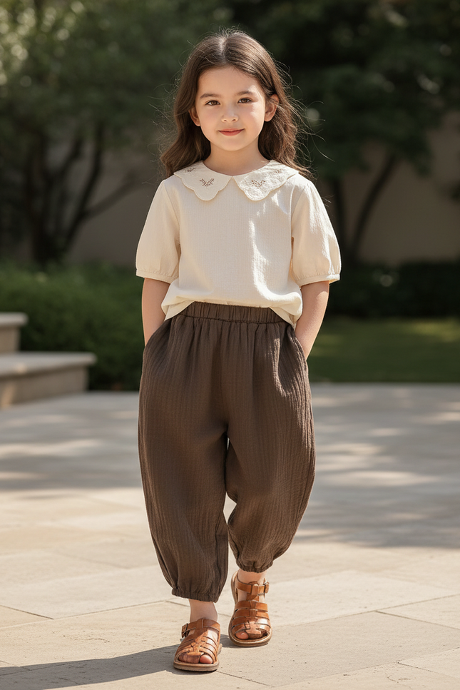 Pantalon En Lin Enfant Ample Marron Décontracté Léger