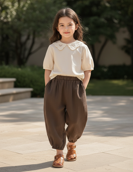 Pantalon En Lin Enfant Ample Marron Décontracté Léger