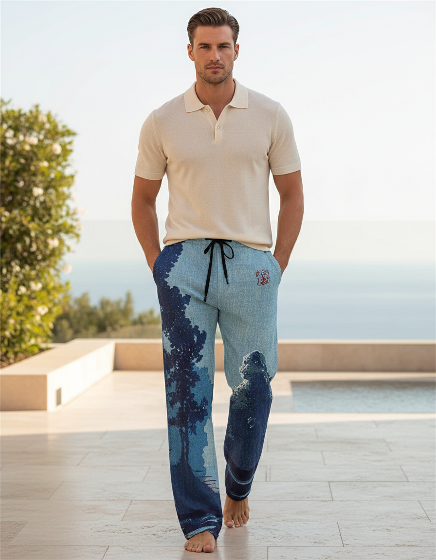 Pantalon En Lin Imprimé Japonais Ample Décontracté Homme