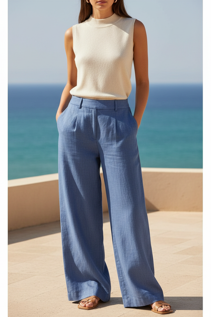 Pantalon En Lin Ample Bleu Taille Haute Fluide