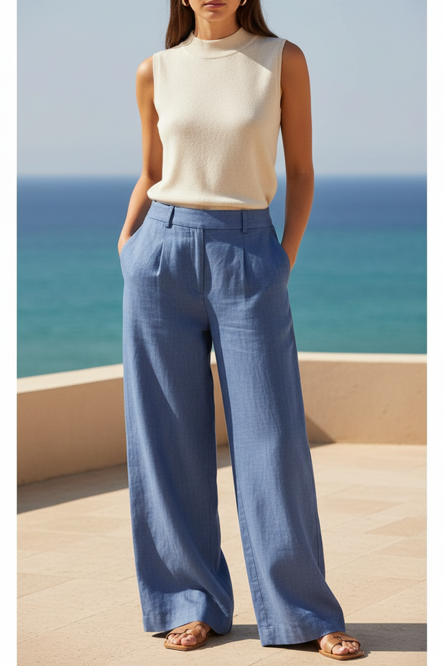 Pantalon En Lin Ample Bleu Taille Haute Fluide