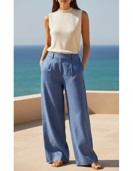 Pantalon En Lin Ample Bleu Taille Haute Fluide