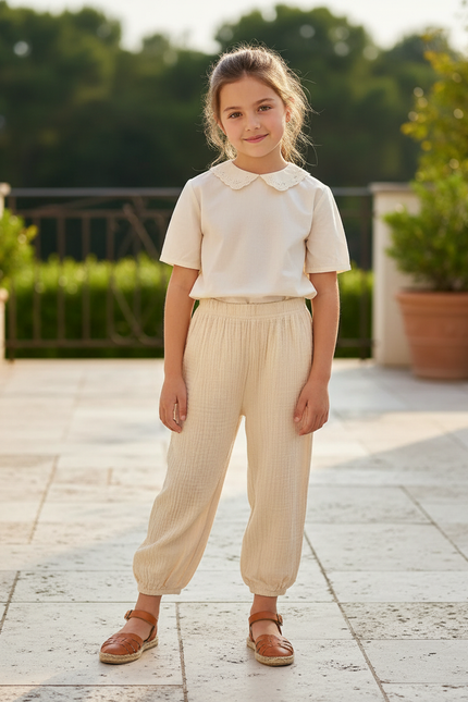 Pantalon En Lin Beige Ample Fluide Enfant