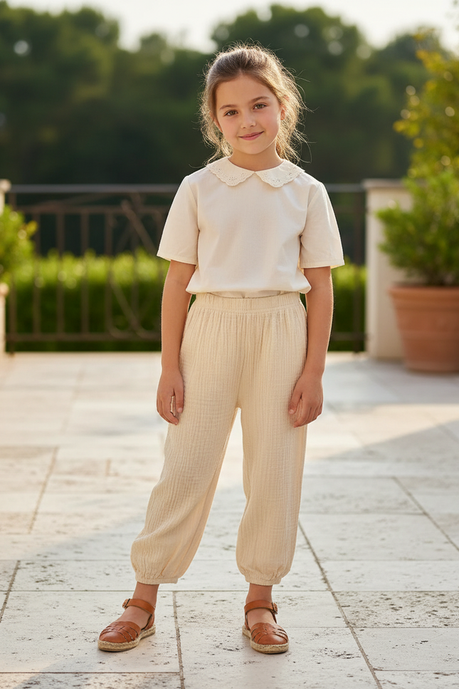 Pantalon En Lin Beige Ample Fluide Enfant