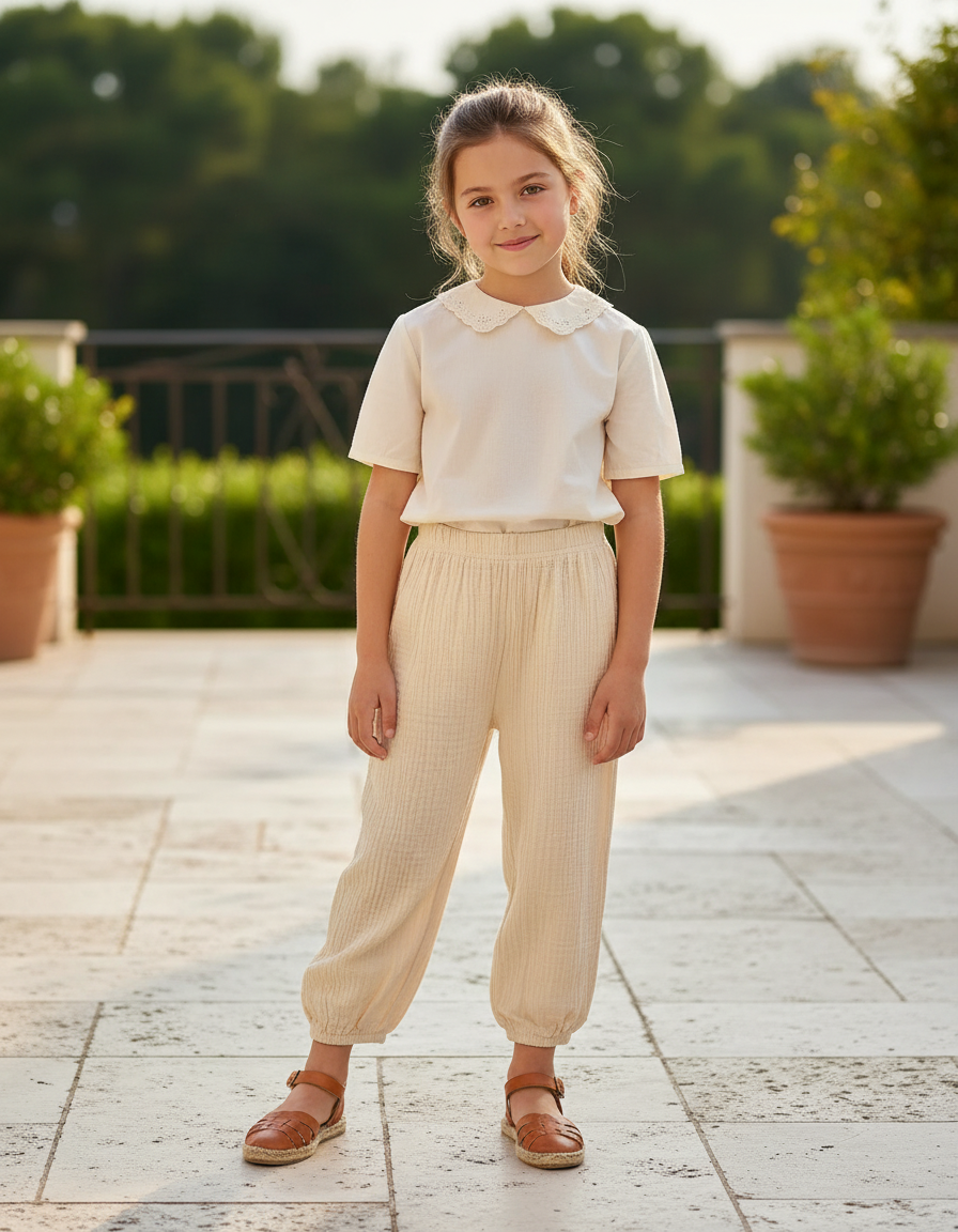 Pantalon En Lin Beige Ample Fluide Enfant