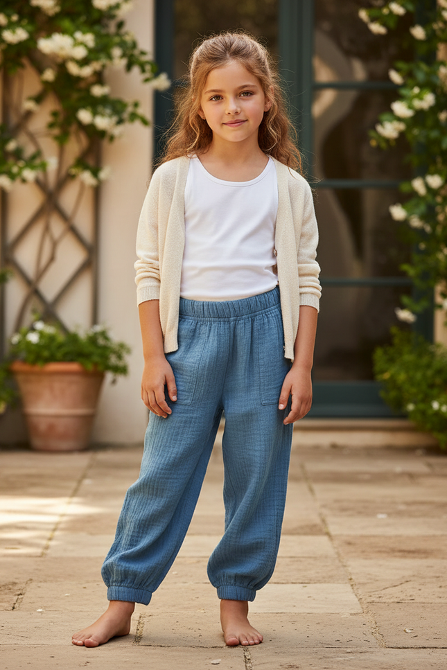 Pantalon En Lin Bleu Gaze Ample Confortable Enfant