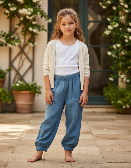 Pantalon En Lin Bleu Gaze Ample Confortable Enfant
