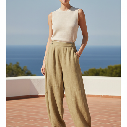 Pantalon En Lin Kaki Ample Décontracté Fluide Chic
