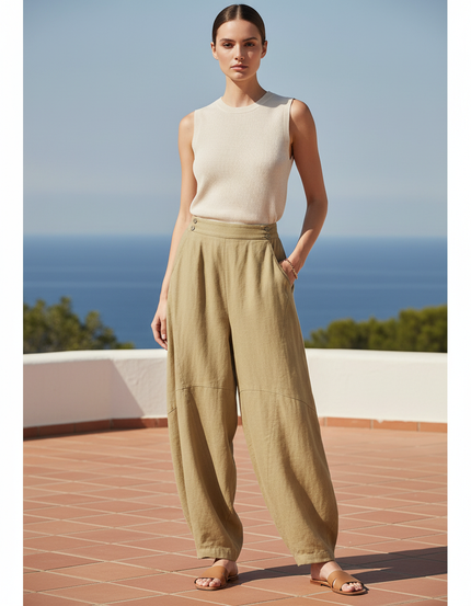 Pantalon En Lin Kaki Ample Décontracté Fluide Chic