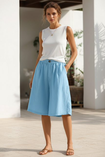 Pantalon En Lin Bleu Ample Taille Élastique Décontracté Femme