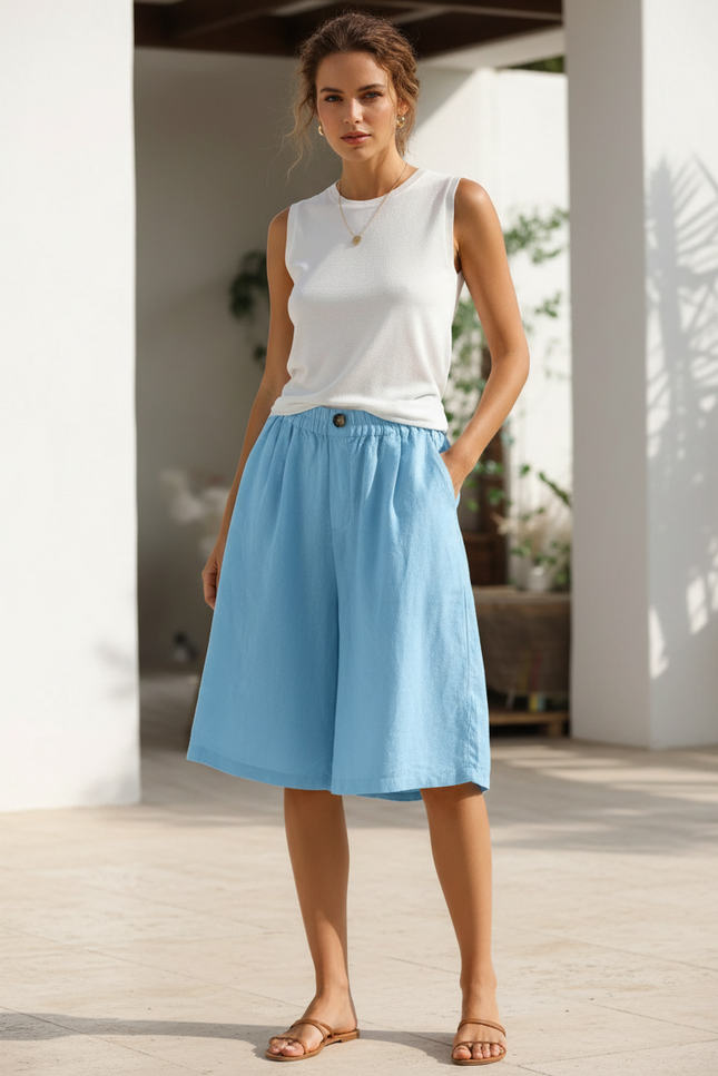 Pantalon En Lin Bleu Ample Taille Élastique Décontracté Femme
