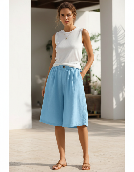 Pantalon En Lin Bleu Ample Taille Élastique Décontracté Femme