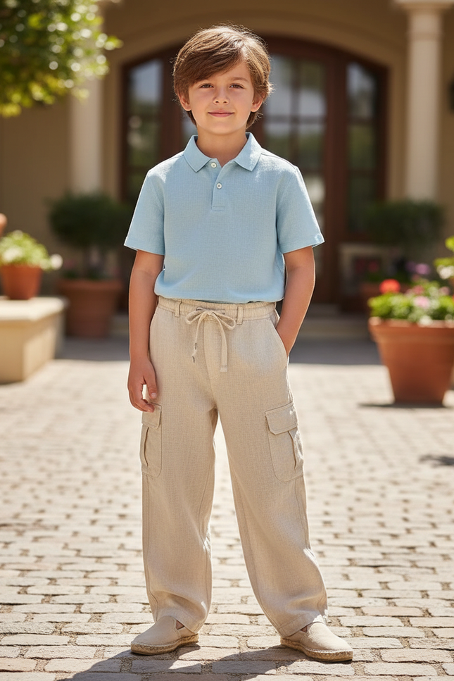 Pantalon En Lin Beige Cargo Enfant Décontracté Léger