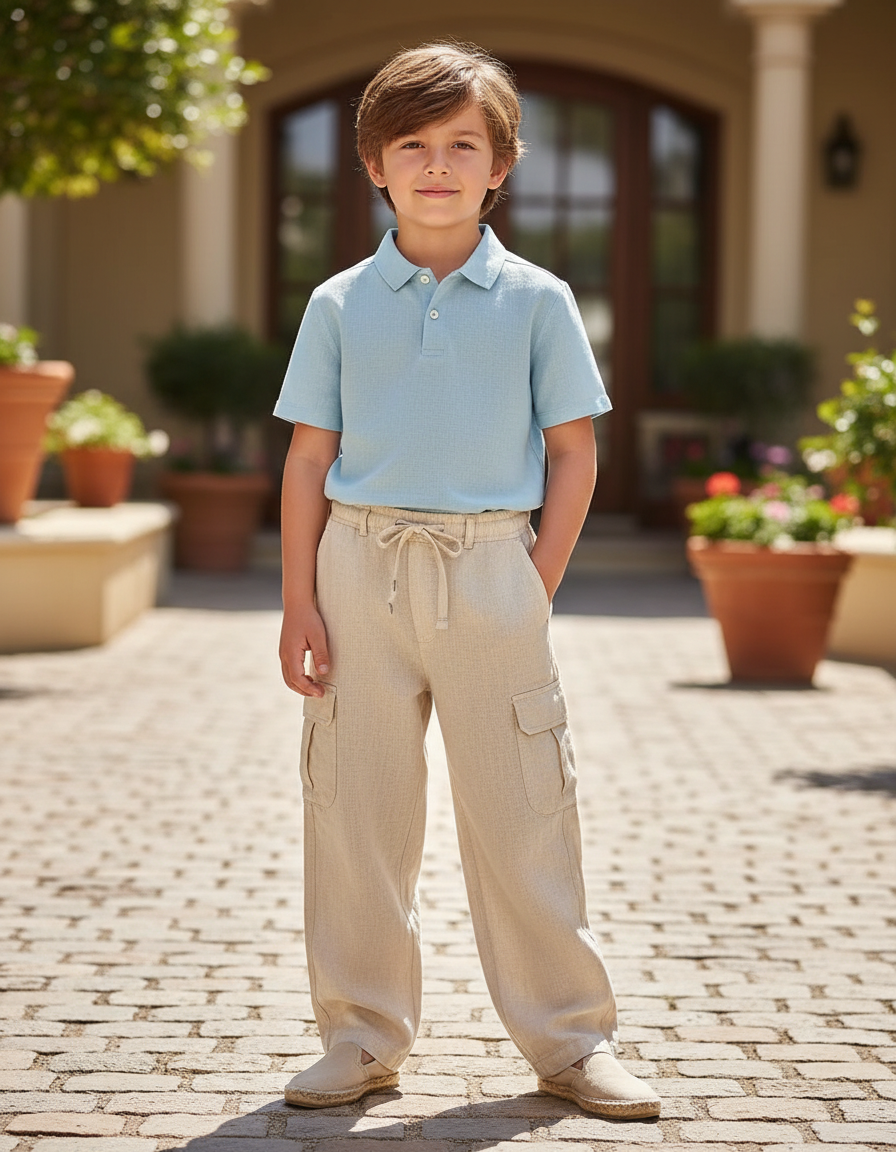 Pantalon En Lin Beige Cargo Enfant Décontracté Léger