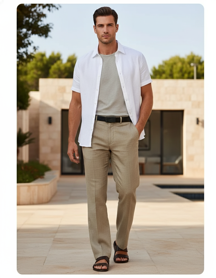 Pantalon En Lin Homme Coupe Droite Élégant Beige Clair