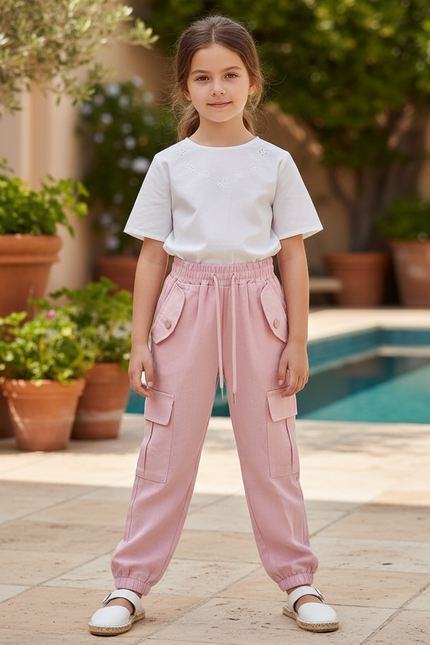 Pantalon En Lin Rose Cargo Décontracté Fille