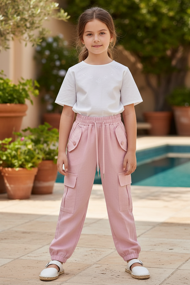 Pantalon En Lin Rose Cargo Décontracté Fille