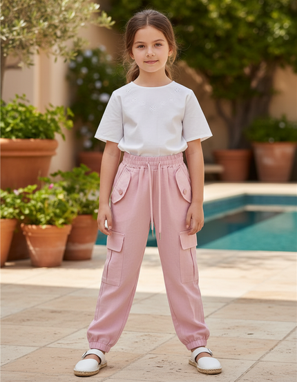 Pantalon En Lin Rose Cargo Décontracté Fille