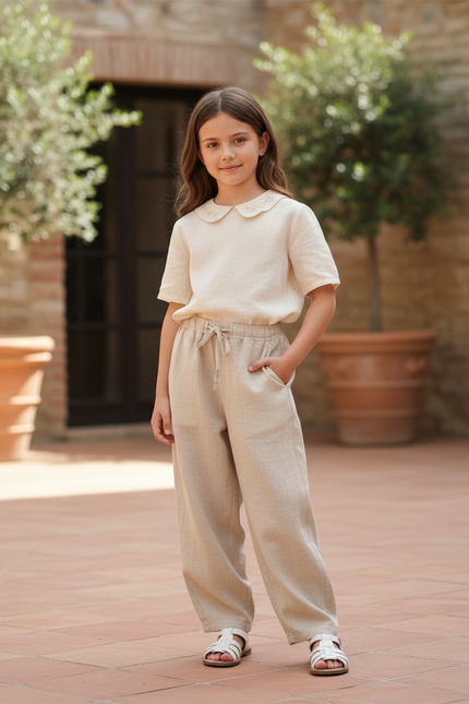 Pantalon En Lin Beige Ample Élastiqué Décontracté Enfant