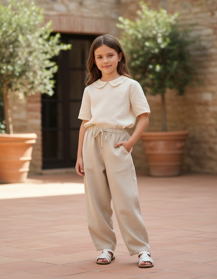 Pantalon En Lin Beige Ample Élastiqué Décontracté Enfant